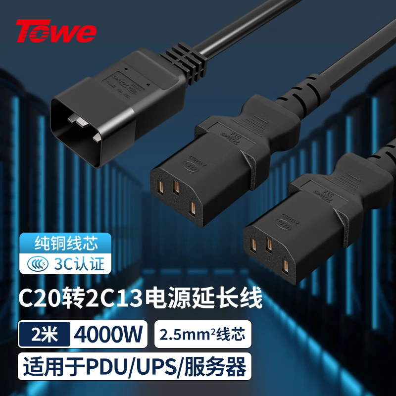 TOWE同為國標IEC C20轉2C13 電腦 服務器 電腦 交換機 IDC機房數(shù)據(jù)中心PDU電源線 TW-F-25C20/2C13 2M